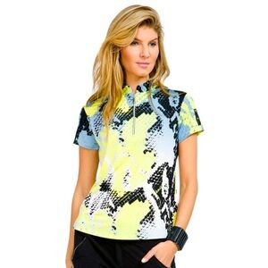 JAMIE SADOCK Boa Print Top Shirt Quarter Zip Short Sleeve Polo Sz M